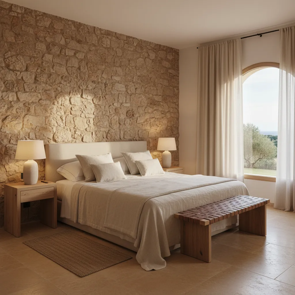 Habitación de hotel boutique en Mallorca con paredes de piedra y textiles naturales