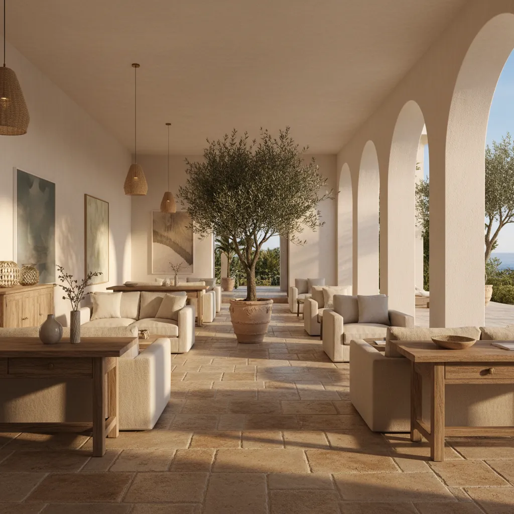 Lobby de hotel boutique en Mallorca con estilo mediterráneo y materiales naturales