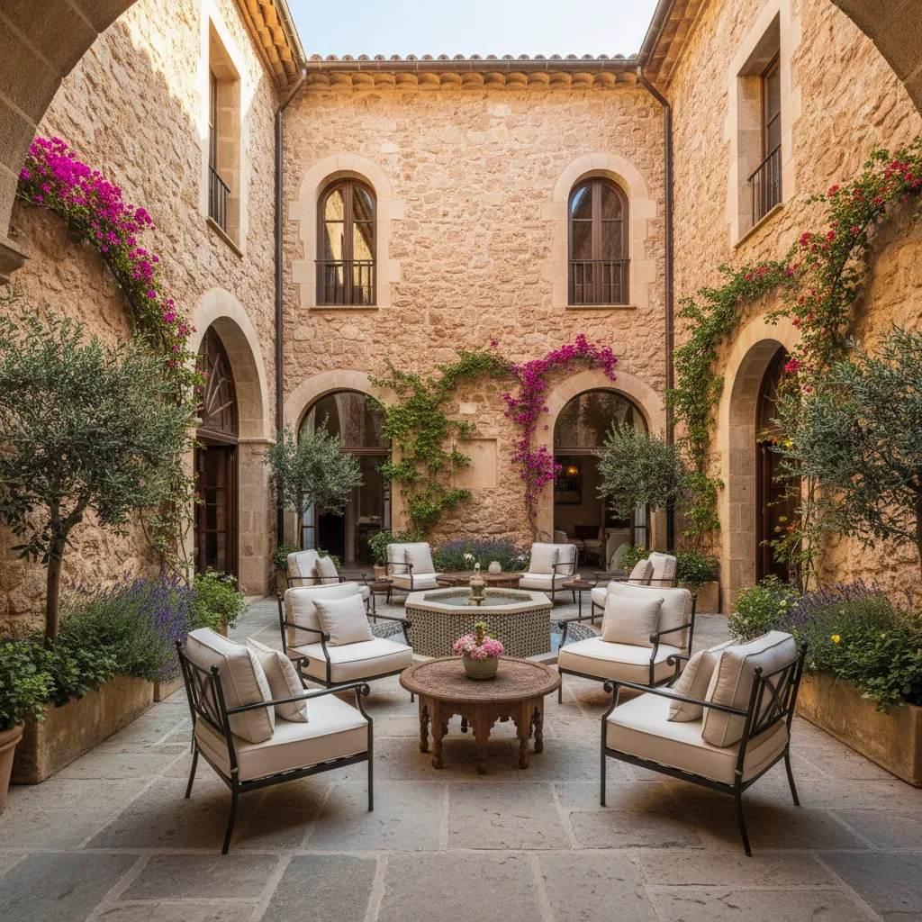 Patio interior de hotel boutique en Palma con piedra natural y plantas mediterráneas
