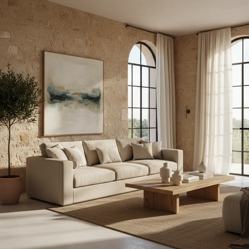 Living room with beige sofa, stone wall, large painting, wooden coffee table, and arched windows