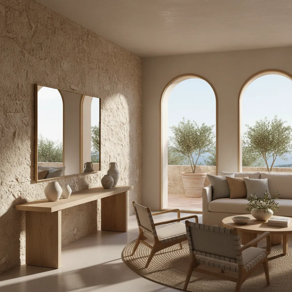 Interior mediterráneo con piedra natural y madera