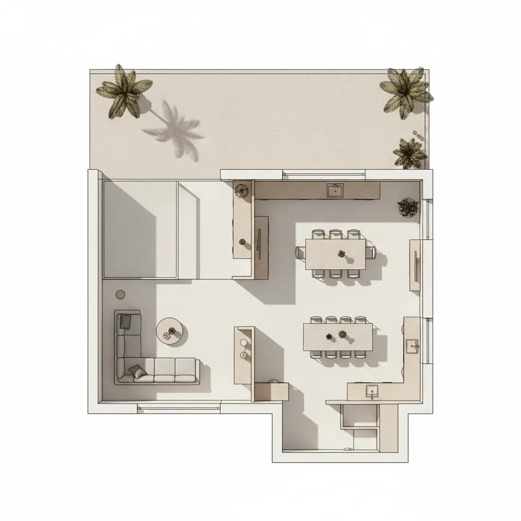 Plano moderno de casa mediterránea con espacios abiertos