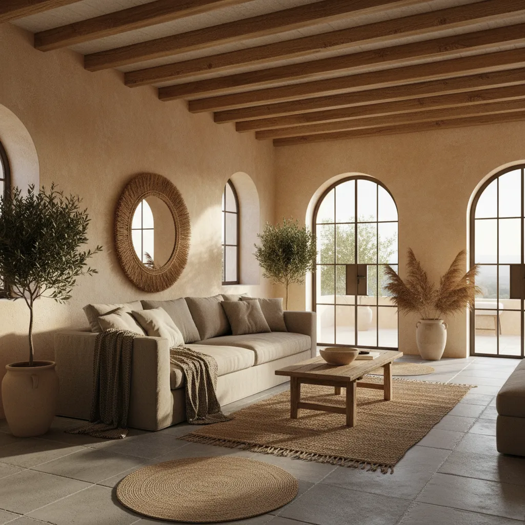 Salón de estilo mallorquín con paredes de cal, vigas de madera y luz natural