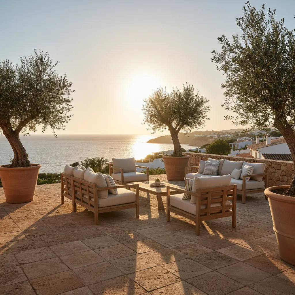 Terraza mediterránea con muebles de madera y vistas naturales