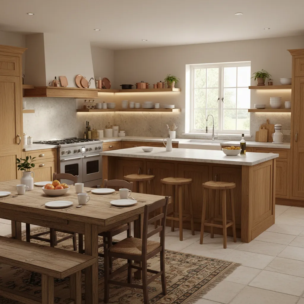 Warm lived in family kitchen with wooden cabinets and open shelves