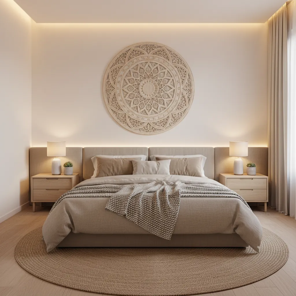 Bedroom with soft colored mandala wall art above headboard