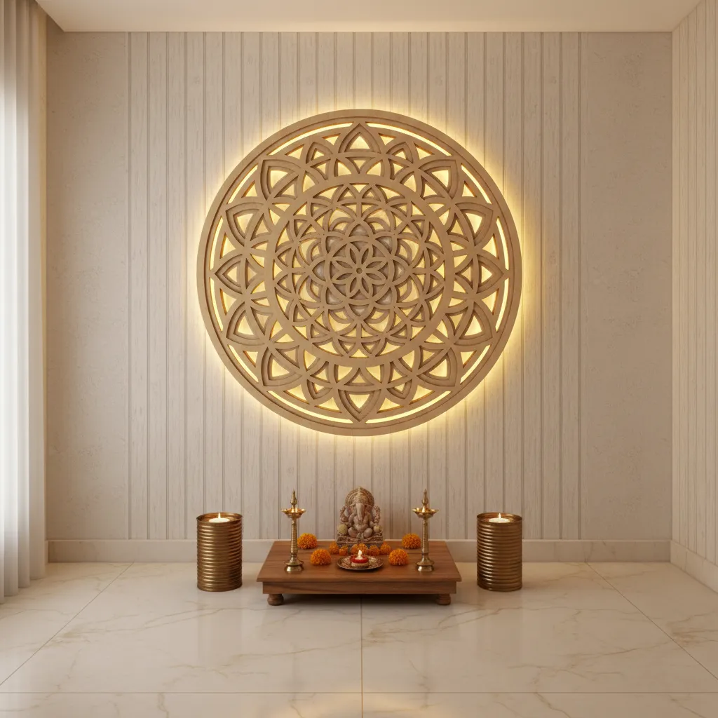 Mandala pattern CNC panel used in pooja room design