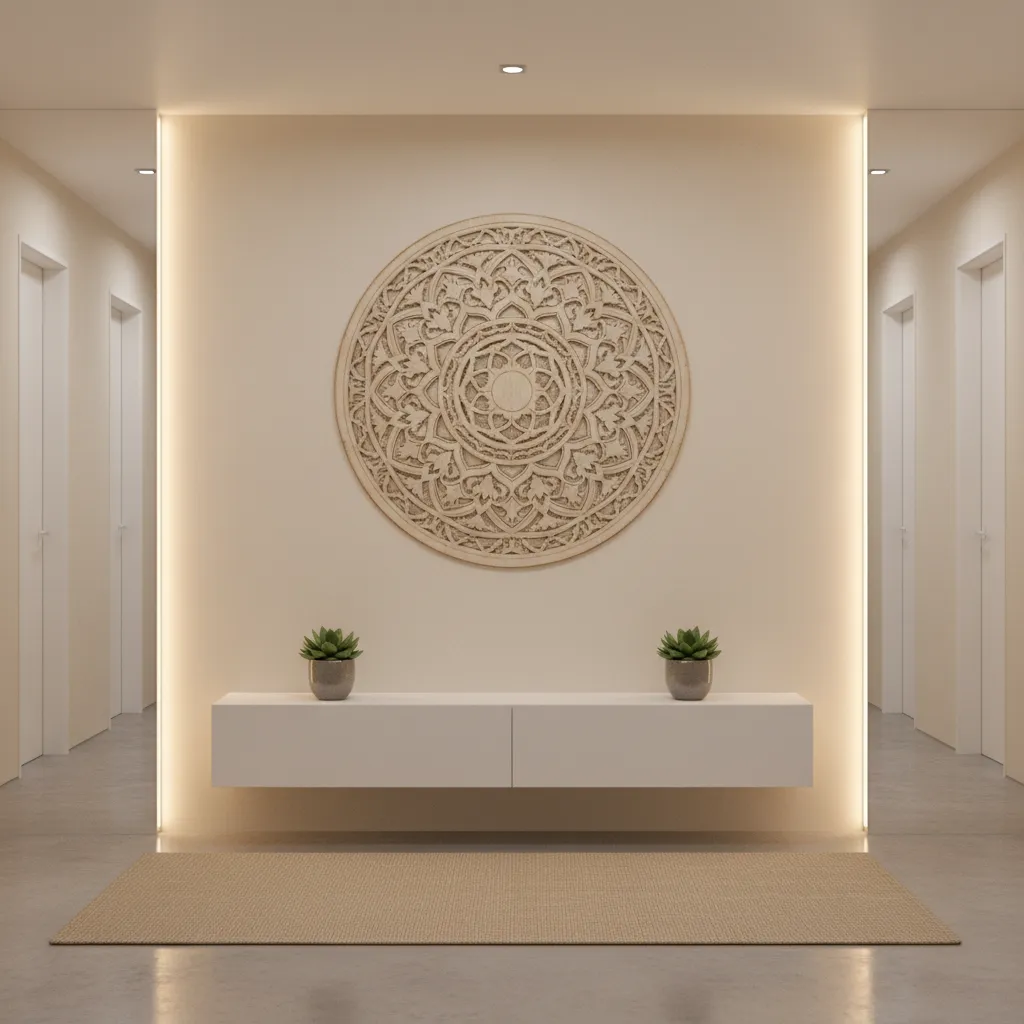 Entryway with mandala wall art above console table