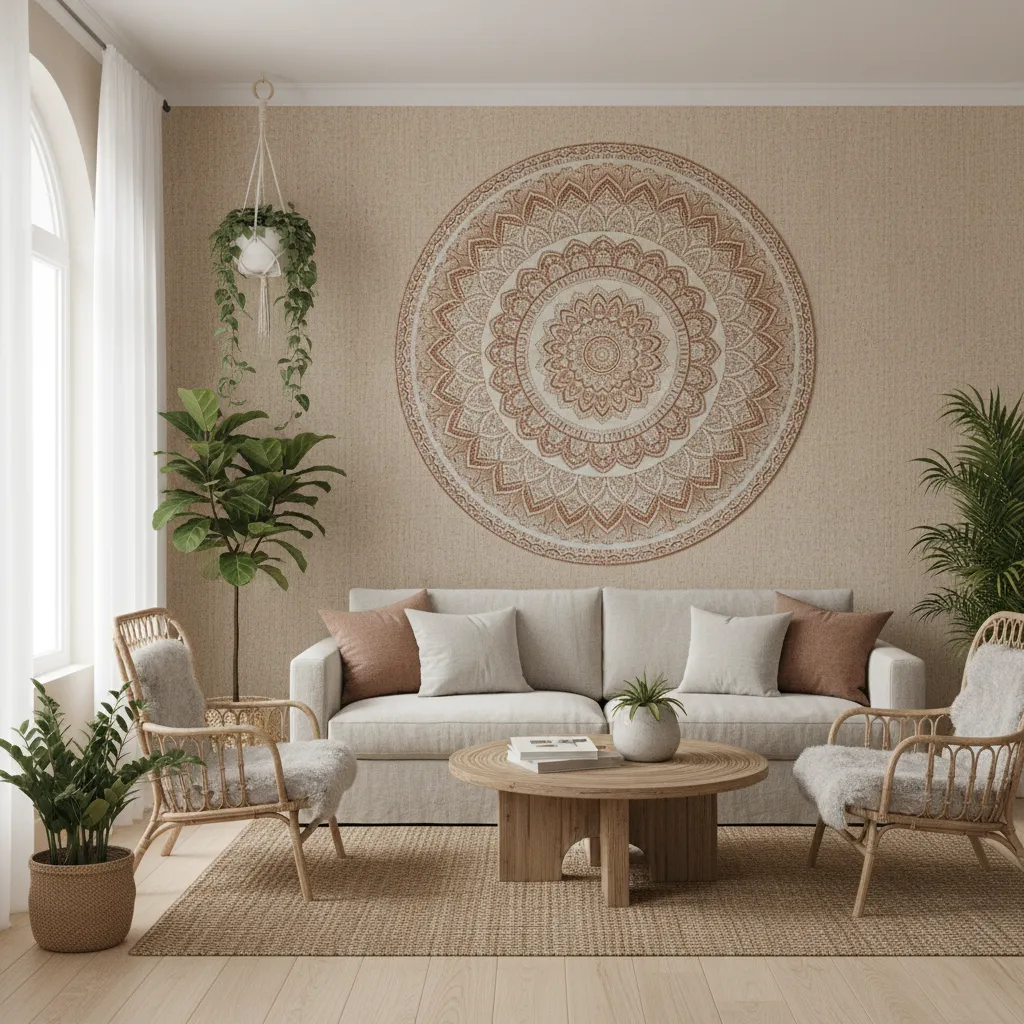 bohemian living room with large mandala accent wall behind a sofa