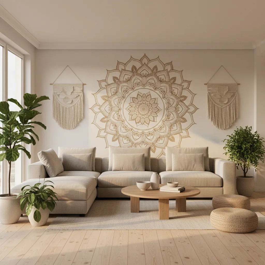 Living room with large mandala wall design behind sofa