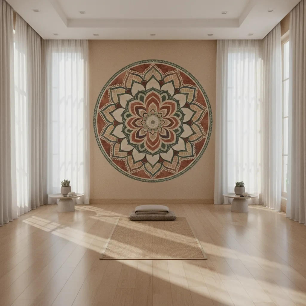 Meditation room with centered mandala wall art and yoga mat