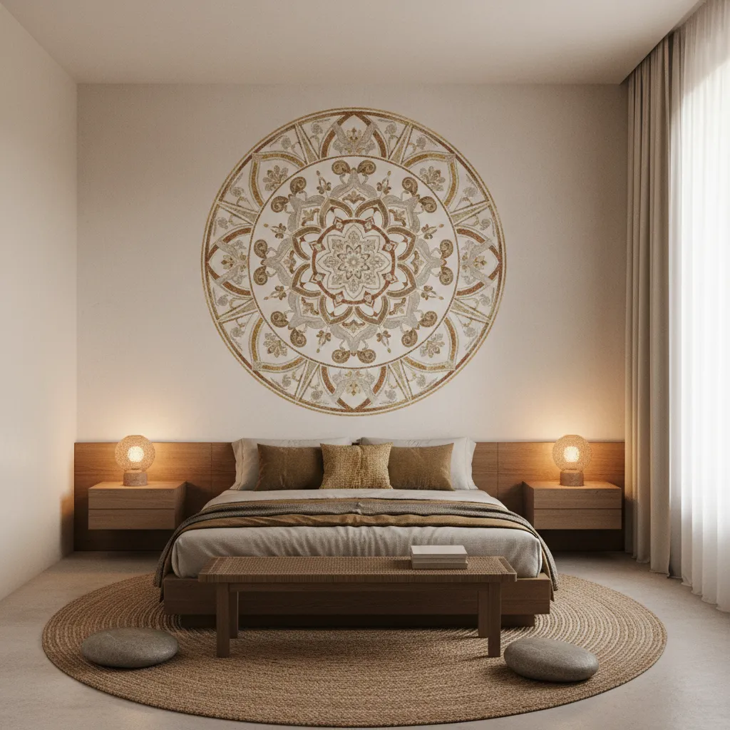 Large mandala peace wall painting centered behind a bed in a calm bedroom