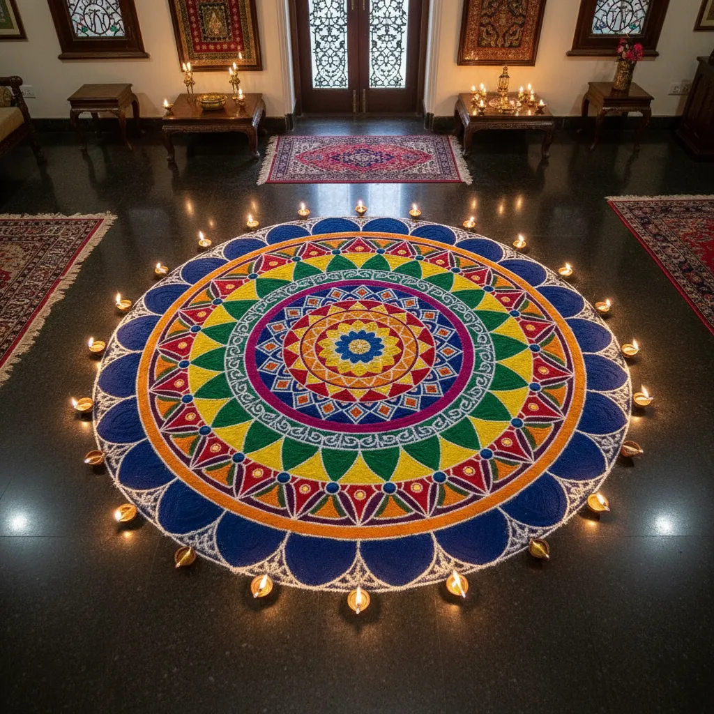 mandala rangoli pattern with colorful powder for pooja decoration