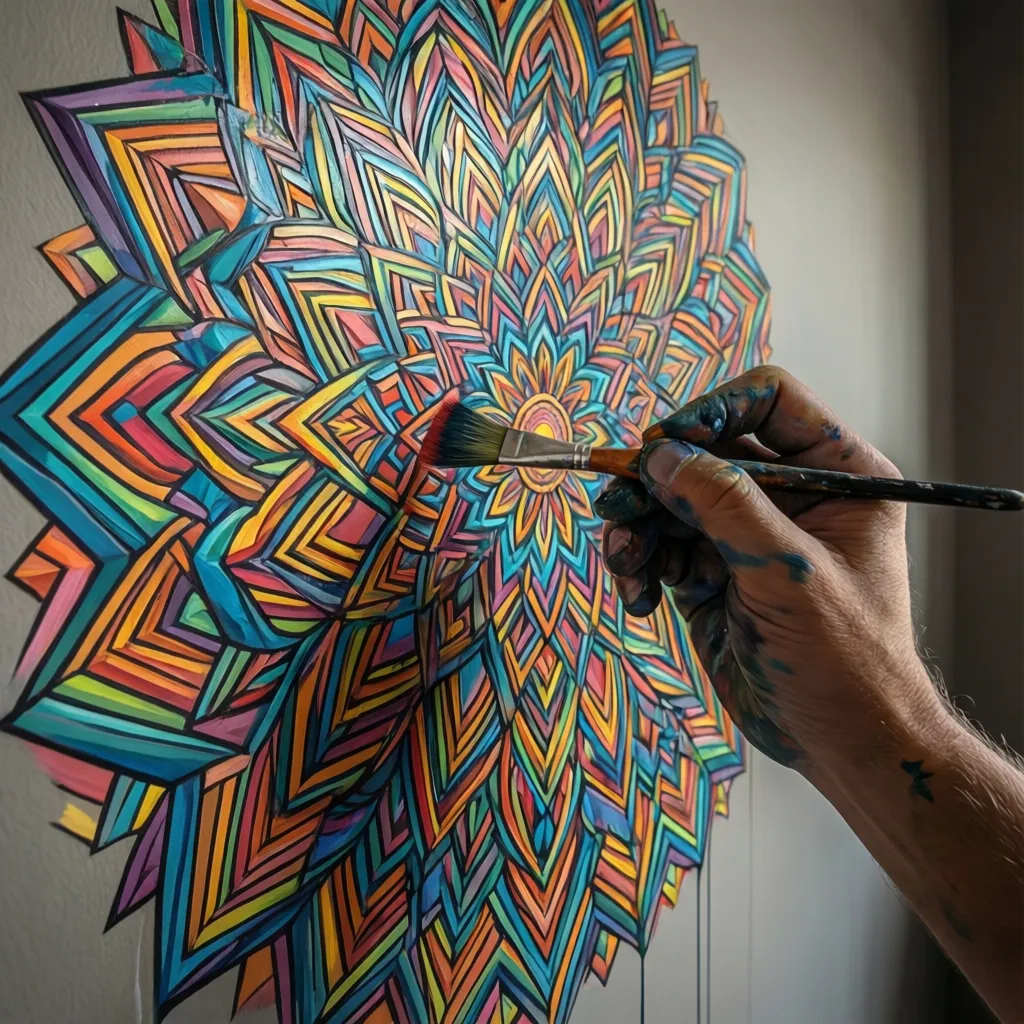 detail brush correcting paint bleed on mandala stencil pattern