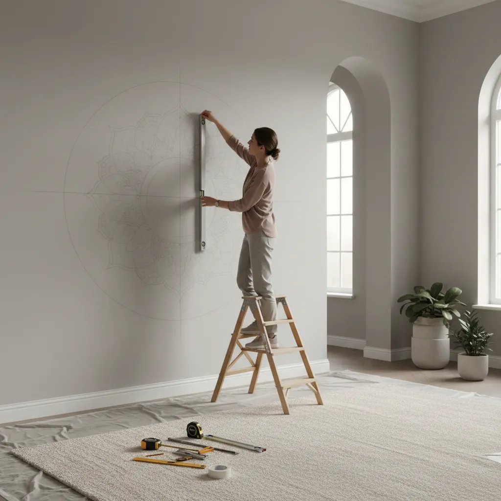 designer measuring wall center point for mandala placement using tape and level