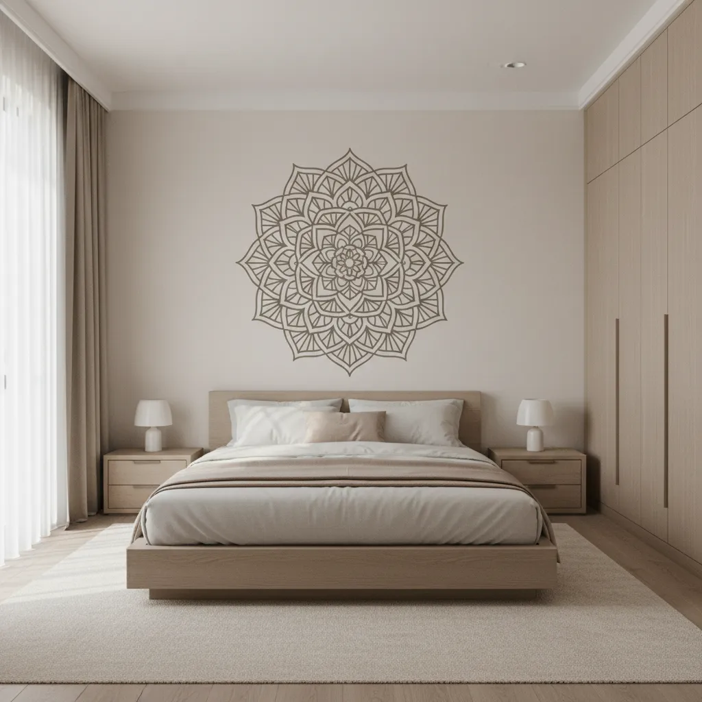 Mandala wall decal above bed in minimalist bedroom