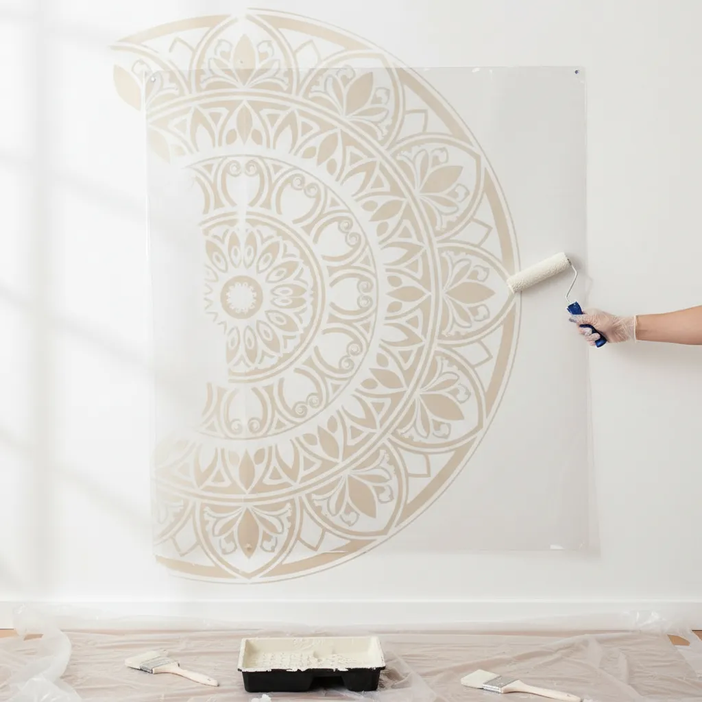Stencil process for creating symmetrical mandala wall art
