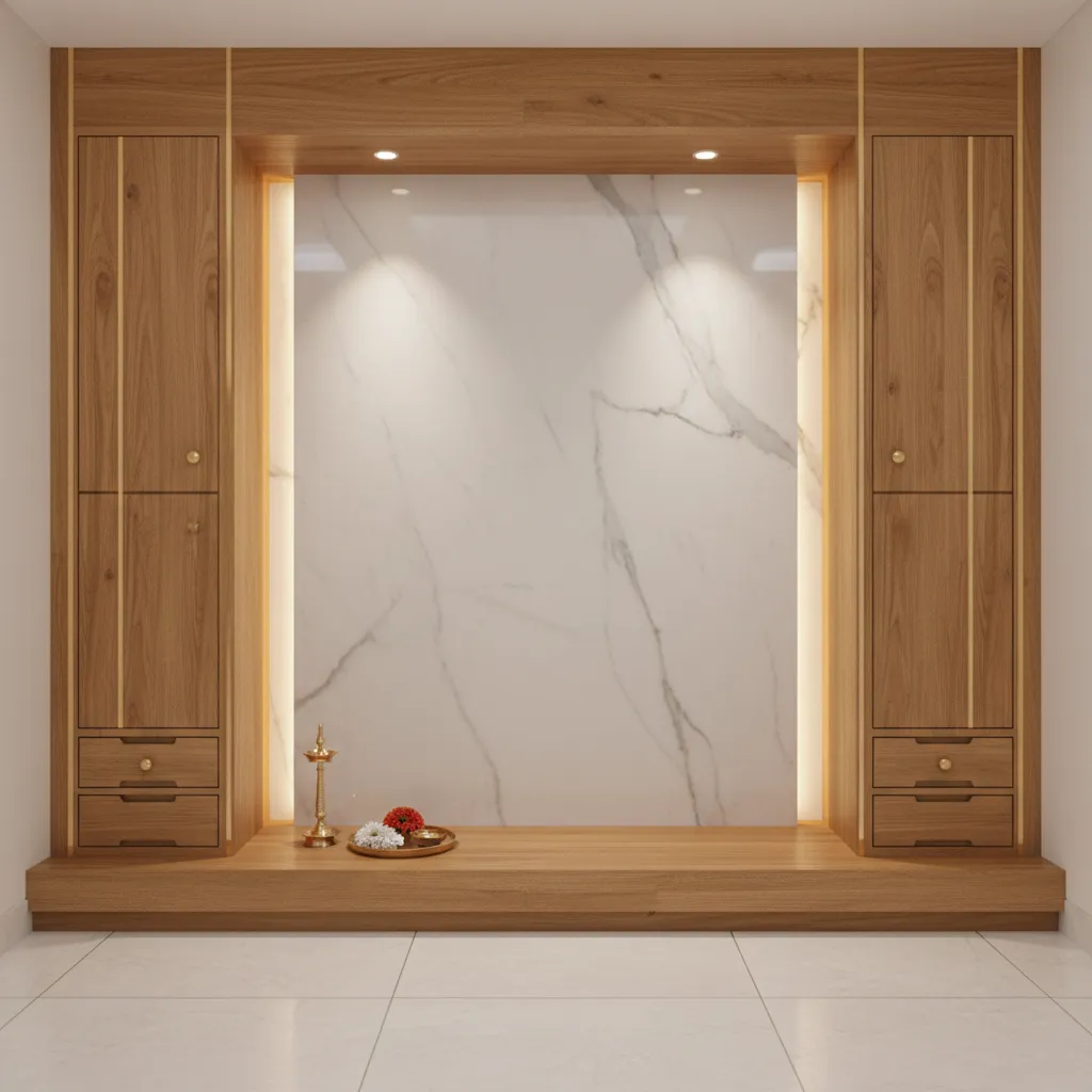 Modern mandir unit with concealed drawers and wall storage