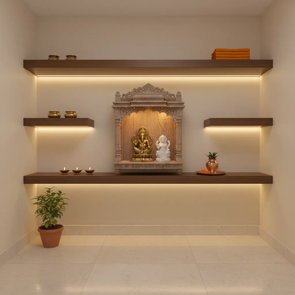 LED strip lighting placement in a small pooja room shelf layout