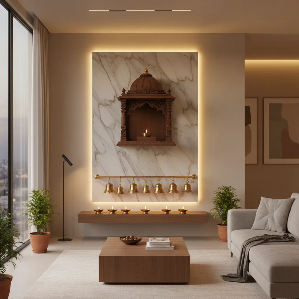 Living room mandir with warm LED backlighting and marble backdrop