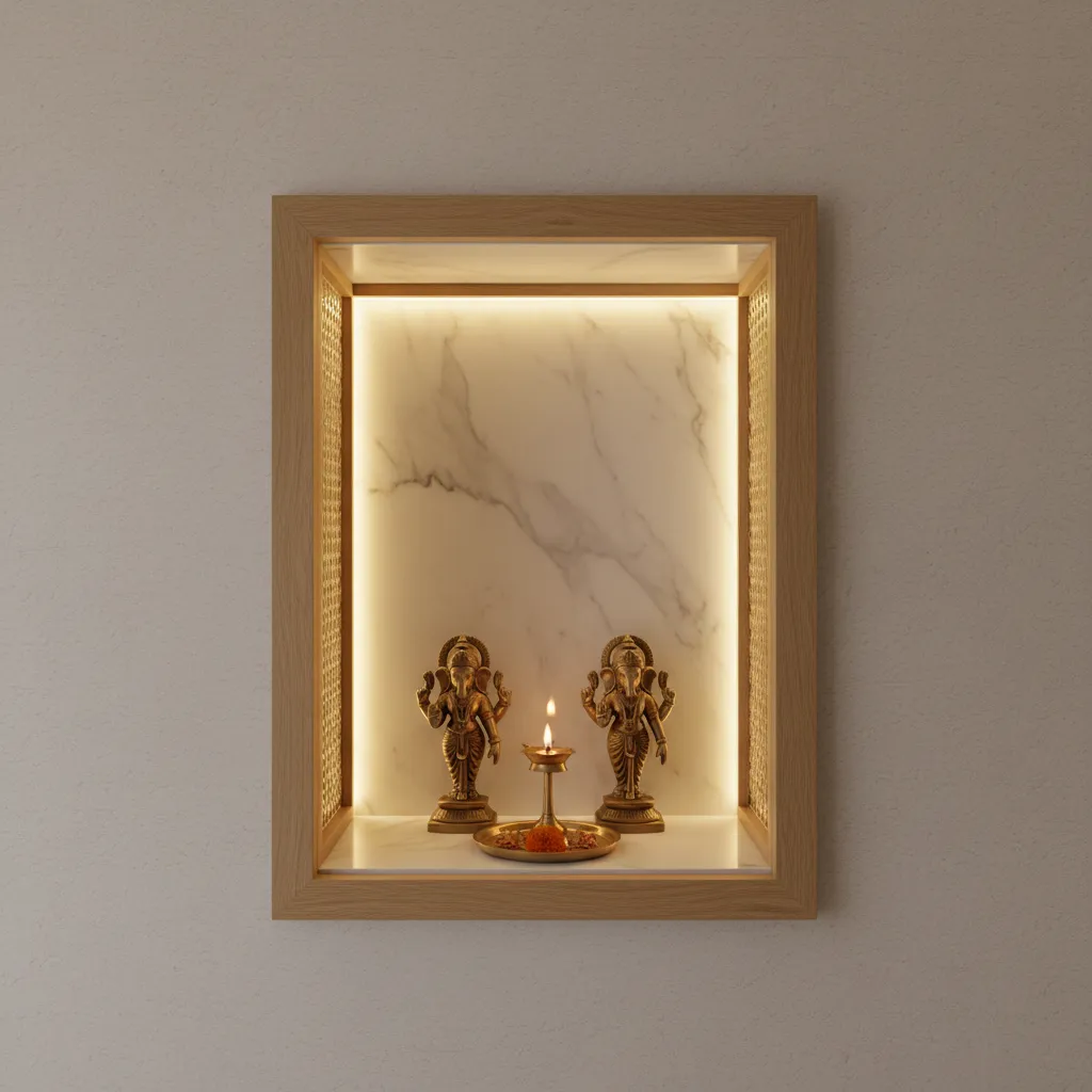 small pooja mandir with warm LED backlighting and marble background