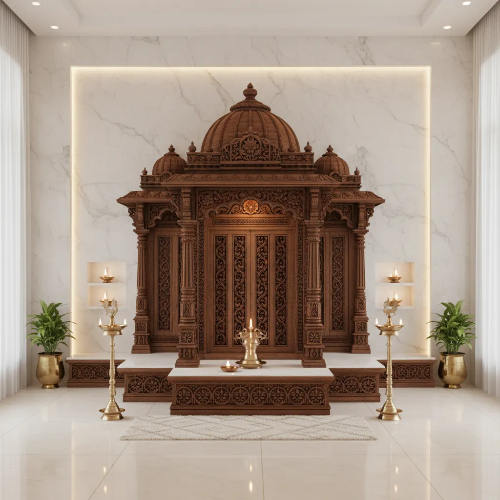 Carved wooden prayer unit against white marble wall with soft lighting and tall brass lamps