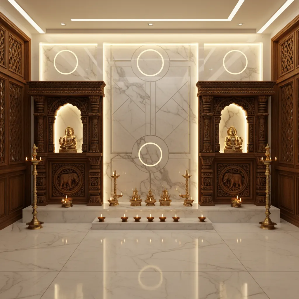 Elegant prayer room with two carved wooden shrines marble walls and several bright light fixtures