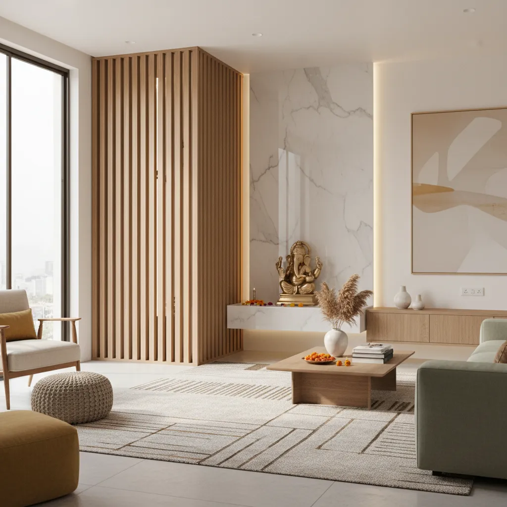 living room mandir area separated with wooden slat divider