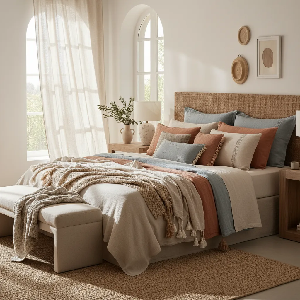 Dormitorio decorado con cojines y mantas de estilo mediterráneo