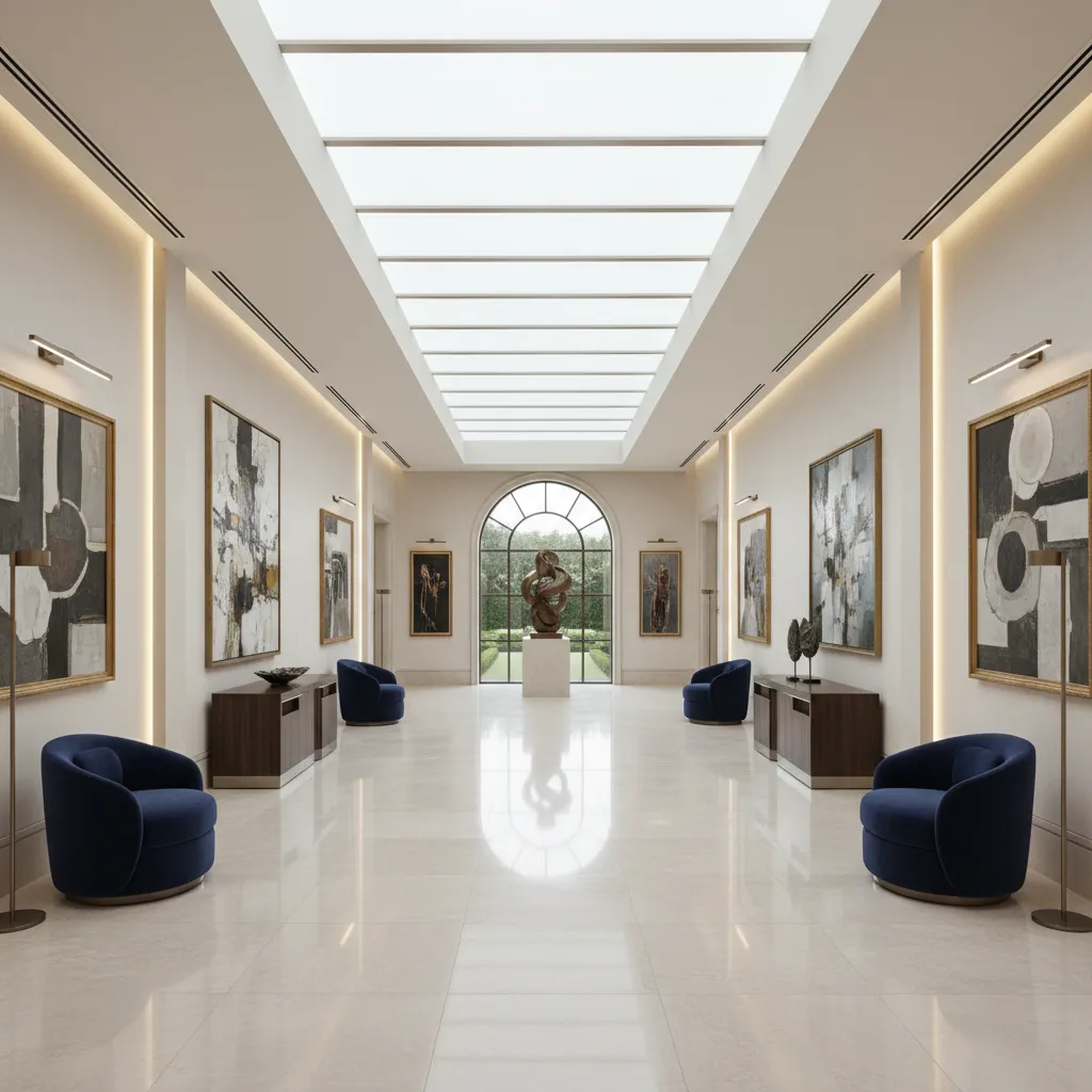 Wide gallery hallway in a luxury mansion designed to avoid wasted corridor space