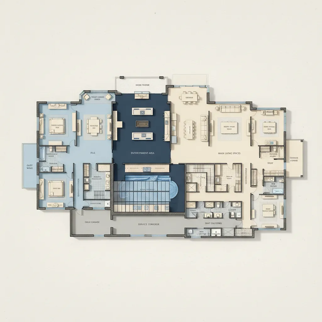Large mansion floor plan showing zones and room distribution