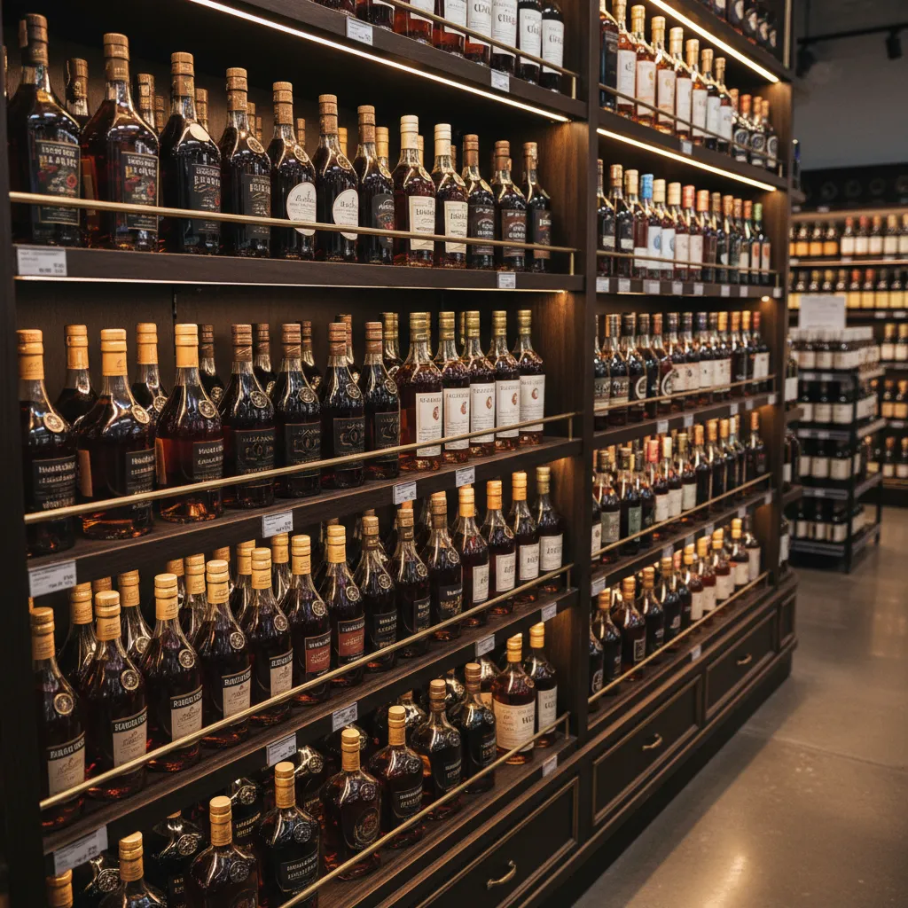 Retail display of popular brandy bottles in South India