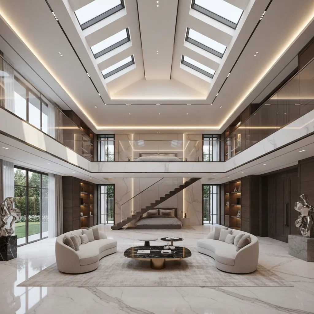 Luxury mansion interior showing connection between private wing and shared living space