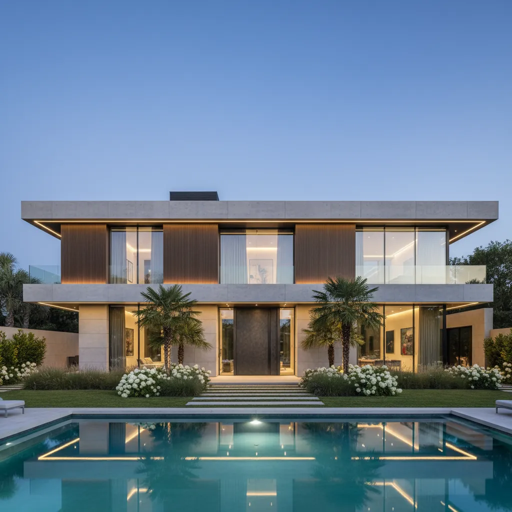 Modern two story house with large windows swimming pool palm trees and lights at night