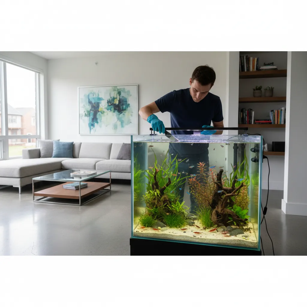 Persona realizando mantenimiento en un acuario doméstico