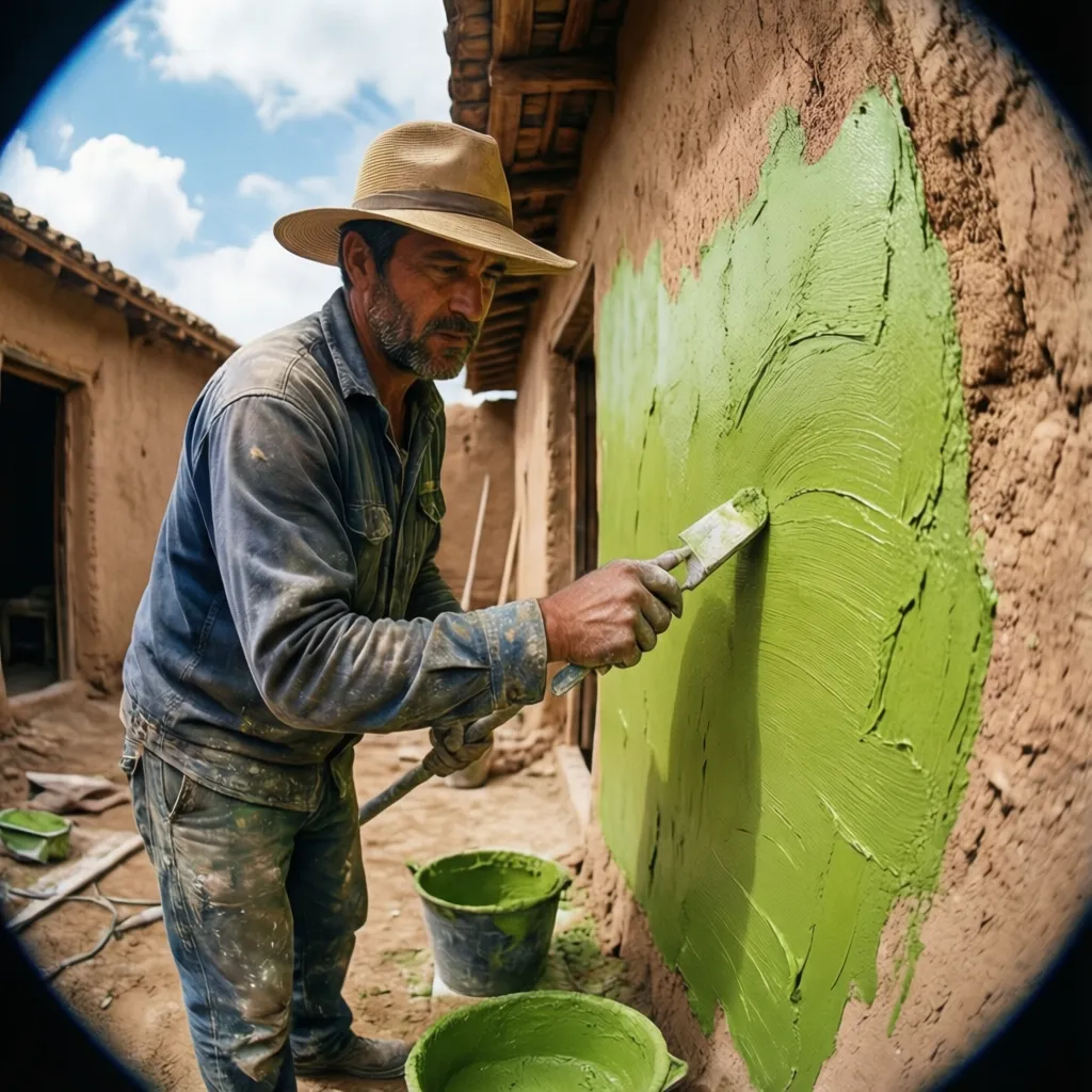 Worker wearing a hat applying green paint to a mud wall using a hand tool