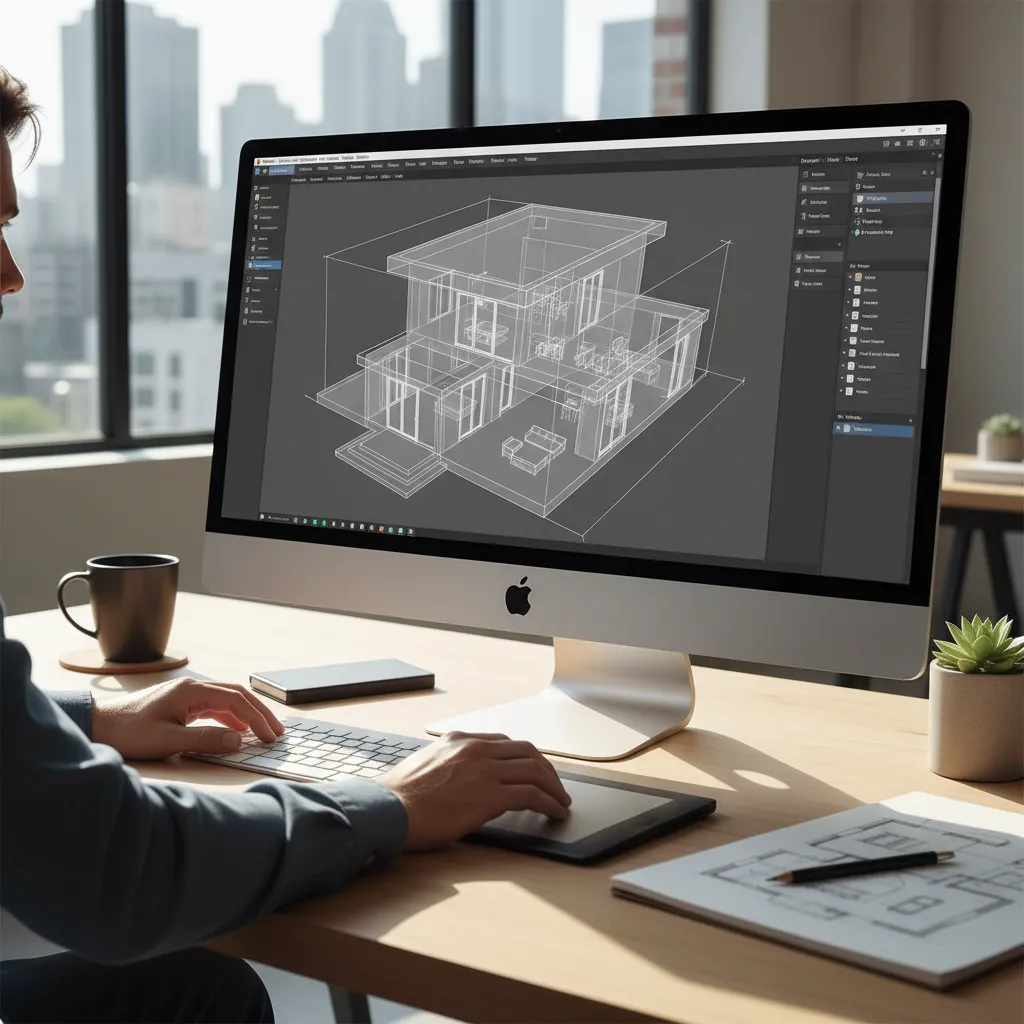 Designer manually modeling a house from a floor plan in 3D software