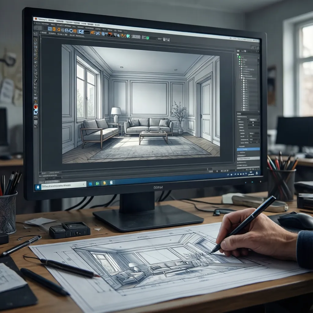 Close view of CAD software where a designer manually traces walls from a floor plan