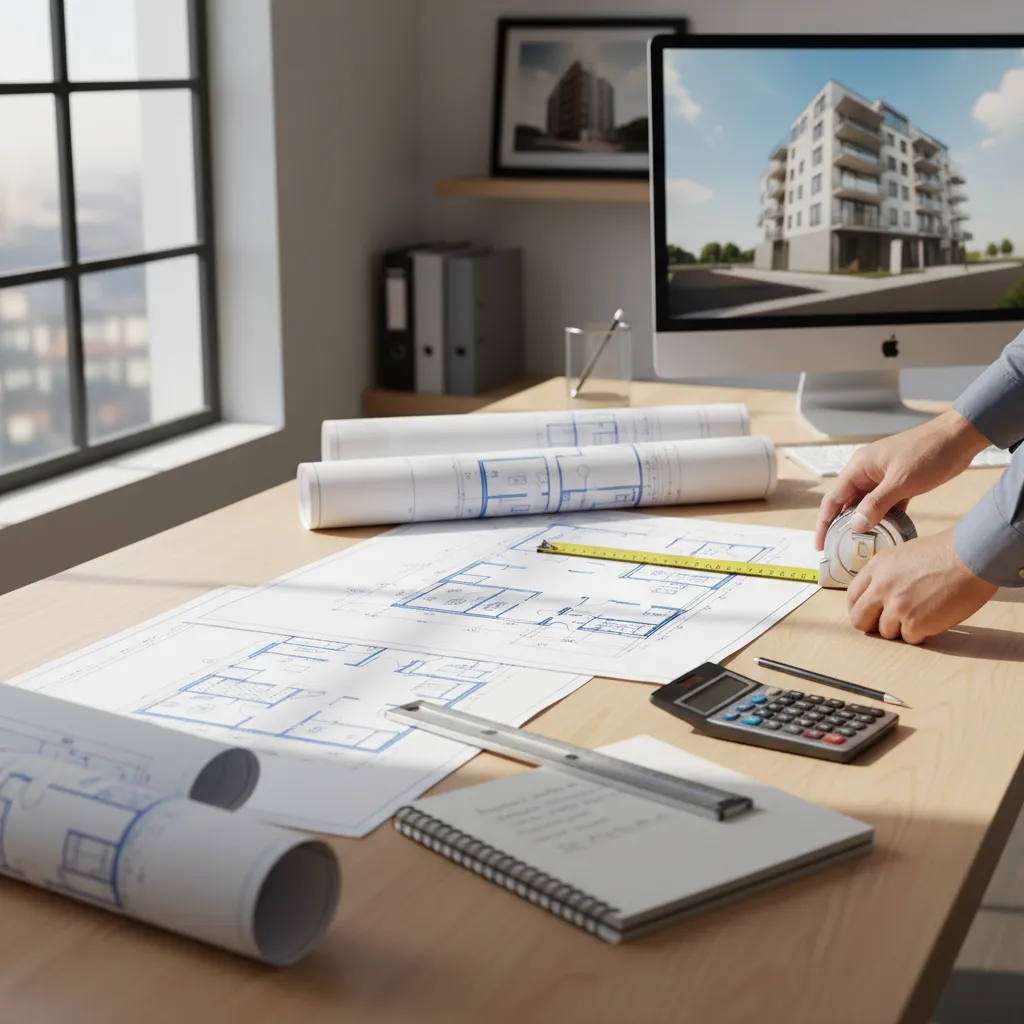 contractor measuring blueprint for manual construction material takeoff