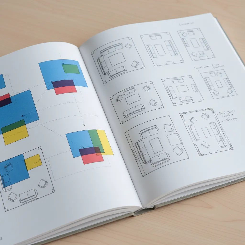 Página de libro de diseño interior con diagramas de distribución de espacios