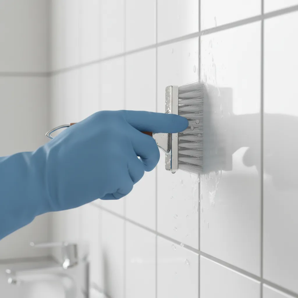 Hand using narrow grout brush to scrub bathroom tile grout lines