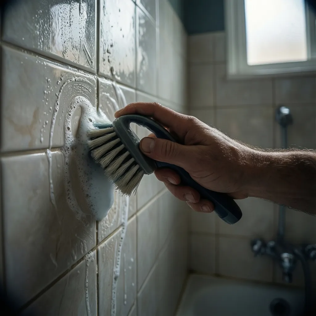 hand scrubbing bathroom grout with a small cleaning brush