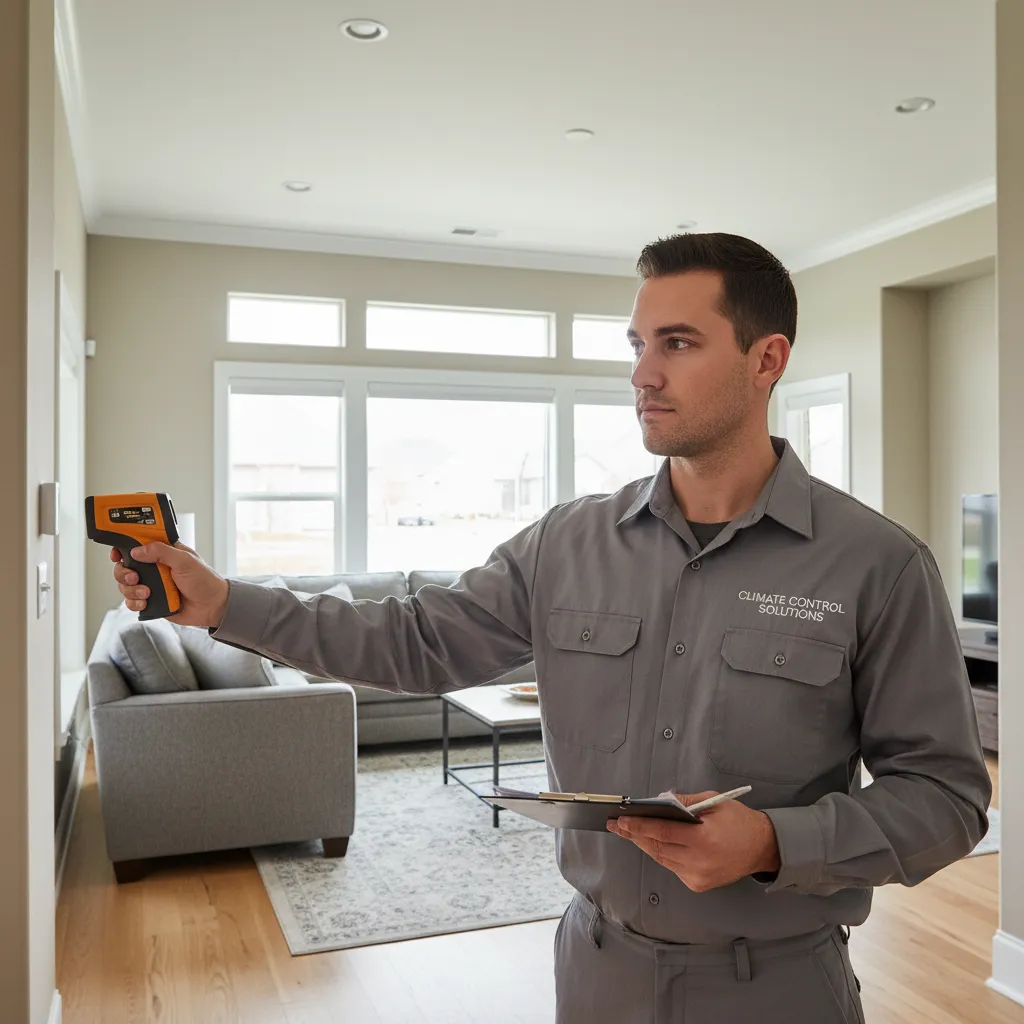 Technician measuring rooms in a house for Manual J HVAC load calculation