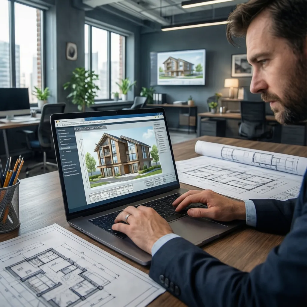 Man using laptop showing interior design drawing with paper floor plans on a wooden desk