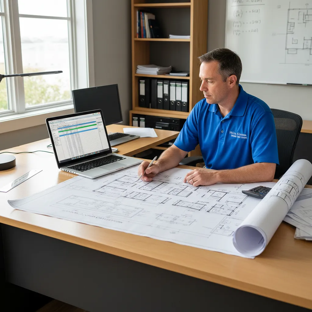 HVAC technician performing Manual J load calculation using laptop and house floor plans