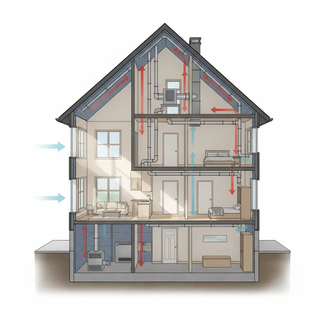 Residential home diagram showing factors used in HVAC Manual J load calculation