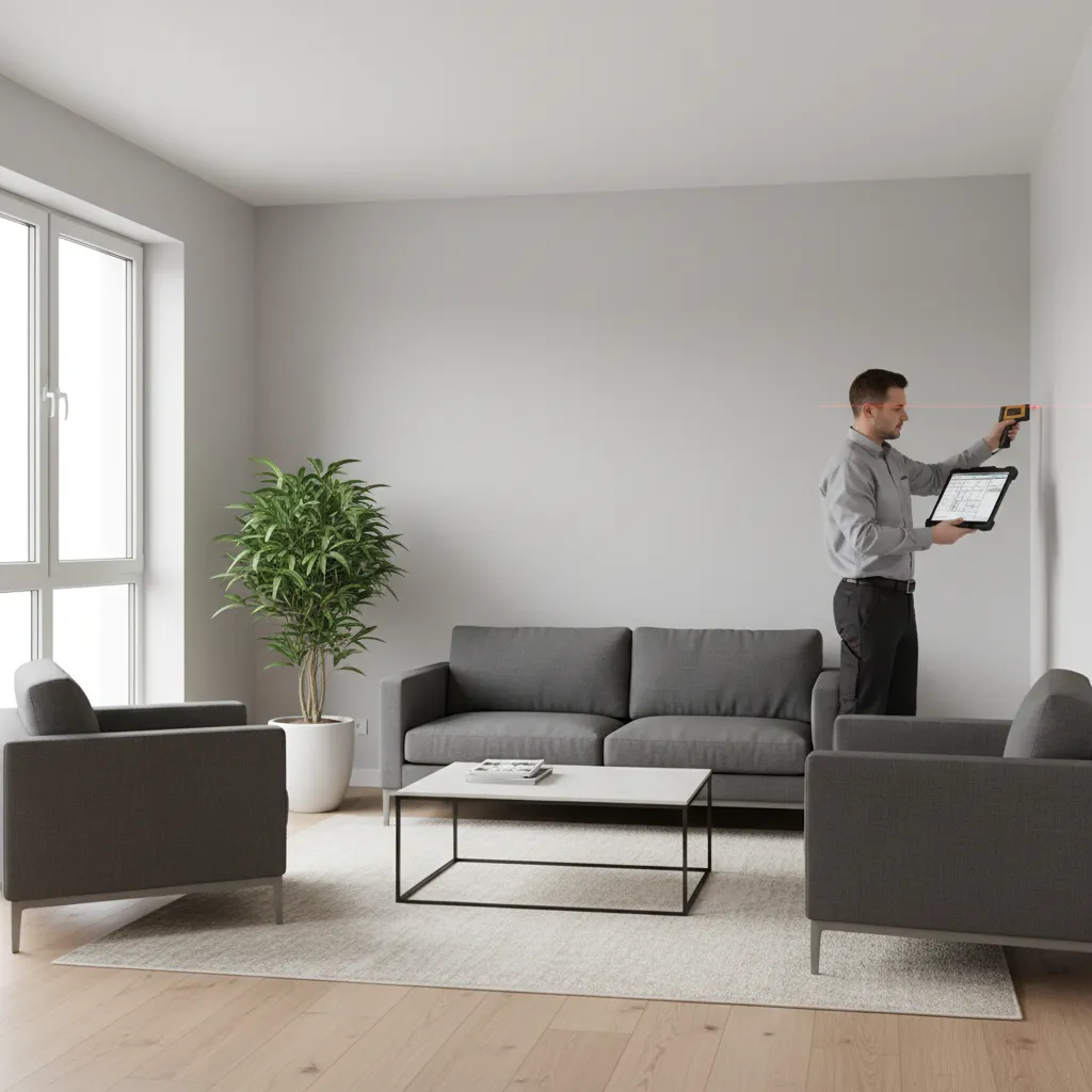HVAC technician performing Manual J load calculation on a tablet in a small home