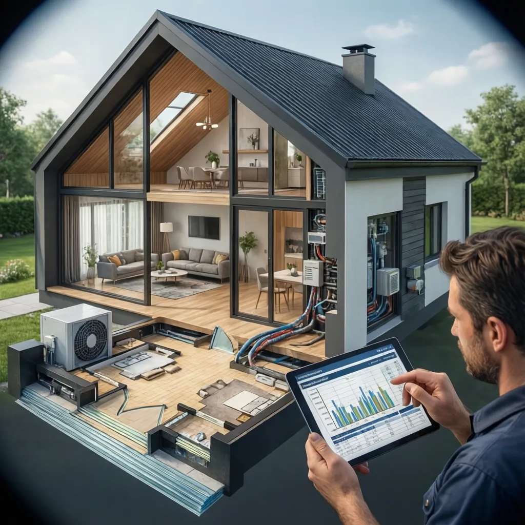 Modern house view inside showing heating system with man checking data on a digital tablet