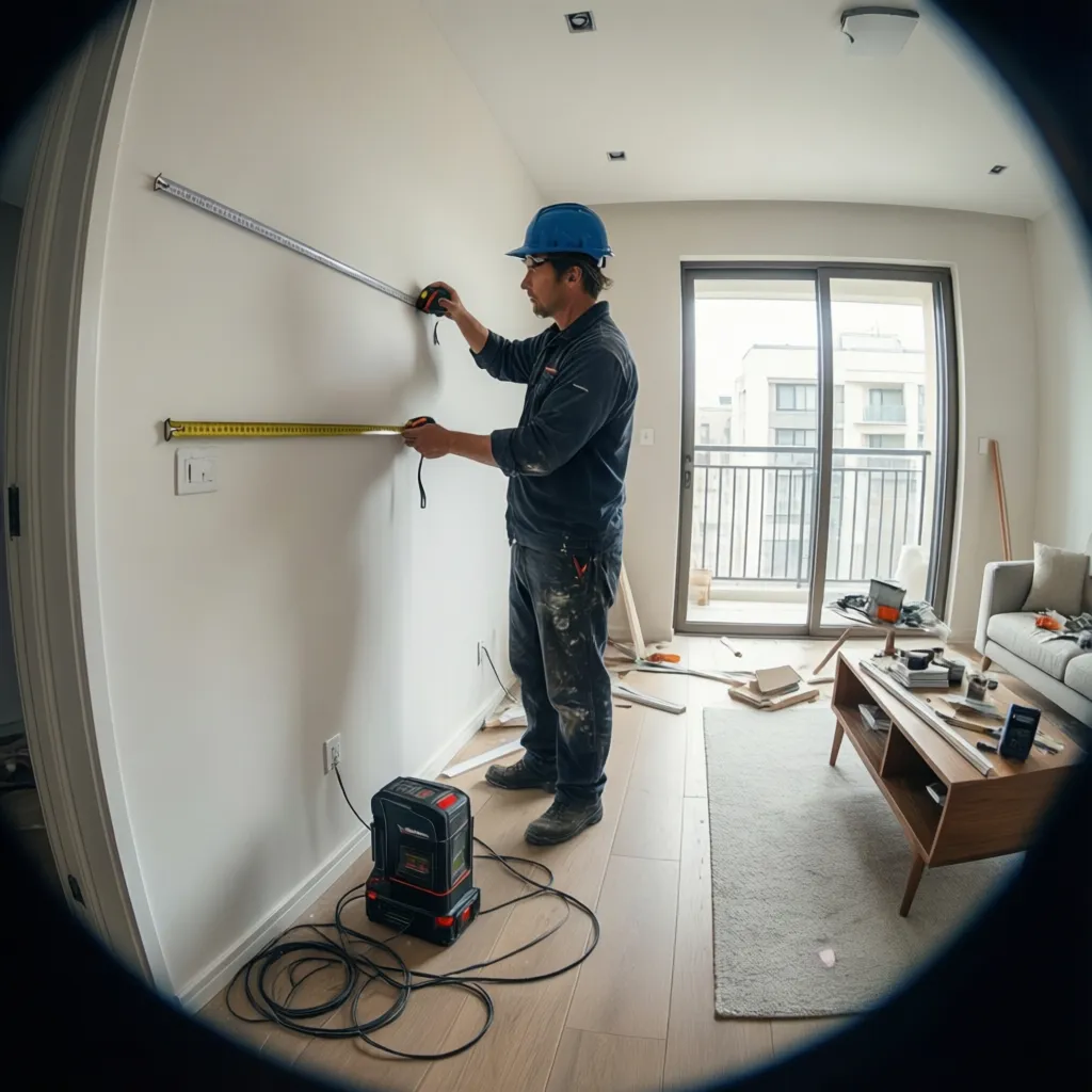 Manual tape measurement used to verify wall length in a room