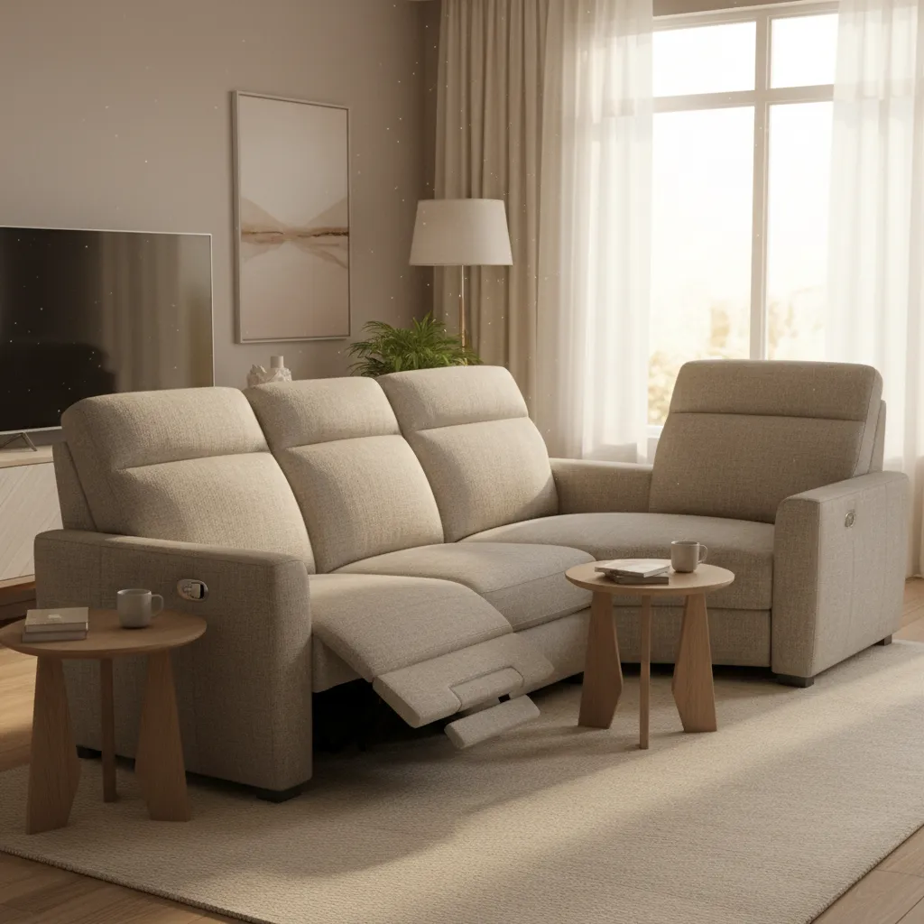 manual reclining sofa with side lever extended in a cozy living room